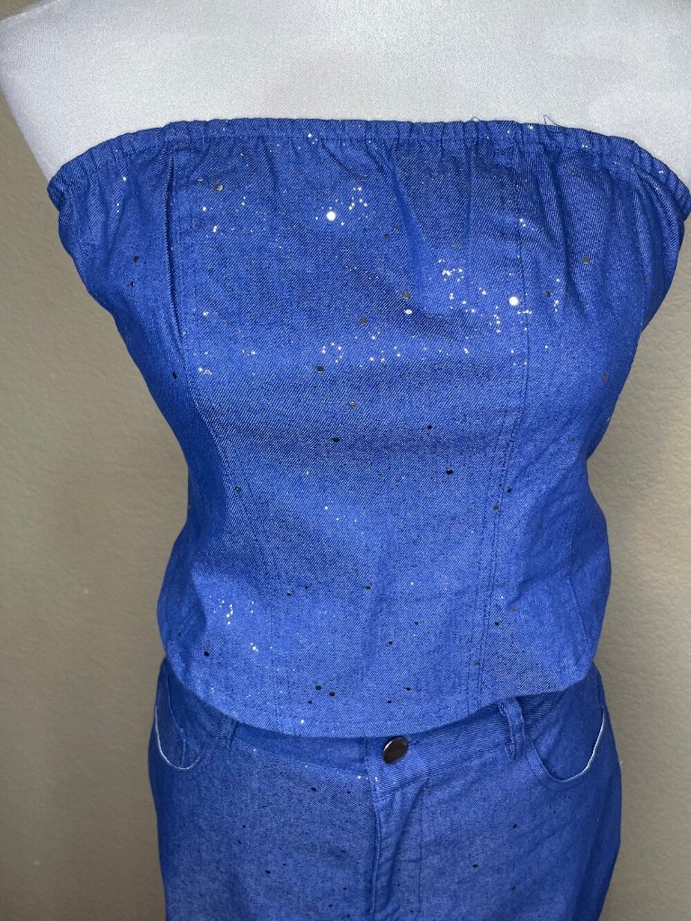 Y2K Sparkle Denim Two Piece Set Glitter Strapless Crop Top Straight Leg Pants S - Picture 3 of 13